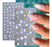 CharmeFleur 5D Embossed Beach Nail Stickers 2 Pieces Sea Nail Decals White Gold Shell Starfish Conch Summer Nail Design Stickers Self-Adhesive Nail Art Accessories