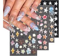 CharmeFleur 5D Relief Ocean Nail Stickers, Summer Hibiscus Flower Stickers for Nail Art, Self-Adhesive Floral Decals, Starfish, Shells, Jellyfish, Tropical Nail Stickers