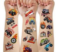 CharmeFleur 60 PCS Truck Temporary Tattoos for Kids Groovy Metallic Styles Tattoos for Truck Wheels Birthday Party Supplies Racing Car Checkered Flag Trophy Fake Tattoo