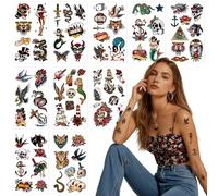 CharmeFleur 76 Piece Retro Temporary Tattoos Classic Old School Colourful Tattoo Stickers Flowers Snake Adult Men Women