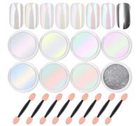 CharmeFleur 8 Glass Jars Chrome Nail Powder Magic White Pearl Kit Mirror Effect Silver Metallic Holographic Dip Nail Powder for Resin Craft & Nail Art Fimo