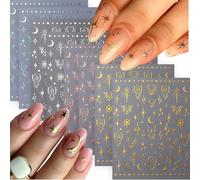 CharmeFleur 8 Sheets Star Nail Design Stickers 3D Self-Adhesive Nail Decorations Silver Aurora Gold Moon Nail Stickers for Nail Design Decor Accessories for