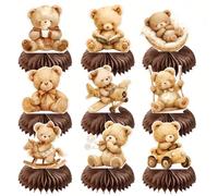 CHarmeFleur 9-Piece Bear Baby Shower Honeycomb Centrepieces Teddy Bear Party Supplies Teddy Bear Baby Shower Decorations Table Toppers for Bear-Themed Baby Shower