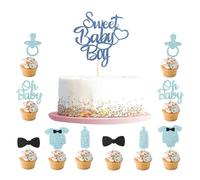 CharmeFleur Cute Baby Boy Cake Decorations, 10 Pieces Oh Baby Cupcake Decorations, Shower/Newborn Gender Reveal Party Decorations, Welcome Party Supplies