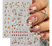 CharmeFleur Flower Nail Art Stickers Decals 5D Relief Floral Nail Stickers 3 Pieces Petal Strawberry Insect Self-Adhesive Nail Design Flower Nail Art Decals Accessories