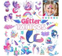 CharmeFleur Glitter Kids Temporary Tattoos for Girls, 12 Sheets Mermaid Unicorn Rainbow Butterfly Waterproof Fake Tattoos for Little Girls Sparkly Birthday Party Favors