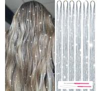 CharmeFleur Hair Sparkle Kit with Tools 122cm 1200 Strands Glitter Tinsel Hair Extensions Sparkling Shiny Hair Tinsel Strands Kit Heat Resistant for Women Girls 6 Pieces (Silver)