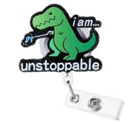 CharmeFleur I'm Unstoppable Funny Office Badge Reel, Cute Dinosaur Retractable ID Card Badge Holder, Name Tag Work Badge Clip for ICU RN LPN CNA MA ER Night Shift