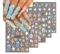 CharmeFleur Ocean Life 5D Embossed Nail Art Stickers 5 Sheets Starfish Shells Jellyfish Hibiscus Flowers Self-Adhesive Nail Stickers Summer Ocean Theme Nail Accessories