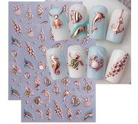 CharmeFleur Ocean Style Nail Art Stickers 5D Relief Marine Life Nail Decals 2 Pieces Golden Shell Starfish Marine Creature Summer Nail Design Stickers Self-Adhesive Nail Accessories