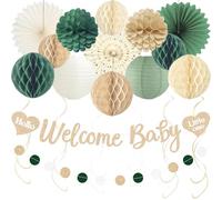 CharmeFleur Sage Green Baby Shower Decorations For Boys, Welcome Sign For Infants With Honeycomb Balls, Paper Flowers, Lanterns, Fans, Hanging Swirls, Polka Dot Garland F