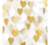 CharmeFleur White Gold Champagne Party Decoration Heart-Shaped Garlands - 52 Feet Christmas Wedding Engagement Party Hanging Paper Banner Hen Do Neutral Baby Wedding Celebration