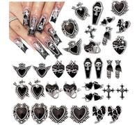 CharmeFleur Y2K 3D Chrome Gem Nail Charms Black Gothic Set with Cross Heart Tombstone Red Retro Designs DIY Bracelet Charms Black Black