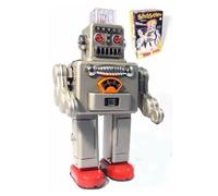 Charmgle Electric Walking Robot Toys Premium Tin Toy Smoke Spraying Robots Novelty Christmas Party Favor Home Decoration Adult Collection Silver