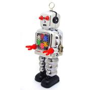 Charmgle Spring Wind-up Toys Classic Tinplate Gear Robot Toy Tabletop Store Decoration Party Photography Props Adult Collection Silver