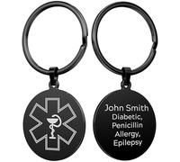Charmify Personalised Medical Keyring - Custom Engraved Emergency Keychain w/Medical Symbol - Stainless Steel Medical ID Tag for Health Alerts, Allergies&Emergency Contact Info (Black)