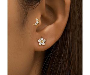Charming 18K Gold Floral Daisy Stud Earrings, Flat Back Tragus