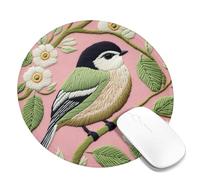 Charming Bird Embroidery Mouse Pad, Peach Floral Design with Green Leaves, Spring Inspired Desk Mat, Non-Slip Washable Mousepad for Home and Office Use Round 8x8 Inch
