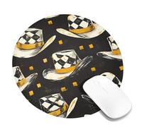 Charming Black and Gold Hat Pattern Mouse Pad, Vintage Cowboy Design Stitched Edge Mousepad, Rubber Non-Slip Washable Gaming Mouse Pad for Home and Office Use Round 8x8 Inch
