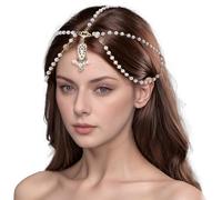 Charming Boho Pearl Headpiece, Adjustable Gold Tassel Head Chain for Bride Women Girls, Gypsy Festival Wedding Jewelry Hair Accessories for Wedding Engagements Valentine's Day Gift