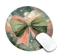 Charming Bow Mouse Pad, Green Peach Decorative Ribbon Design, Elegant Art for Spring Celebrations, Non-Slip Gaming Desk Mat for Home and Office Use Round 8x8 Inch