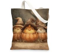 Charming Canvas Tote Bags, Cute Chickens in Pumpkin Design Reusable Grocery Bags, Lightweight Washable Shoulder Strap Canva, Brown, 13x15 Inch