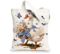 Charming Canvas Tote Bags, Cute Duck Floral Design Reusable Shopping Bags, Vintage Country Style Lightweight Washable Shoulder Bags for Gym Travel Beach Picnic 13x15 Inch