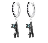 Charming Cat Dangle Hoop Earrings - Sparkling Blue Cubic Zirconia Accents, Hypoallergenic Copper Huggie Closure, Elegant Animal Themed Jewellery Gift for Women Men & Pet Lover (Black)