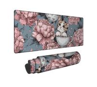 Charming Cat Flower Large Mouse Pad, Soft Peach Peonies and Cute Kitten Design, Non-Slip Rubber Desk Mat for Home Office Use, Washable Gaming Mousepad 16x36 Inch