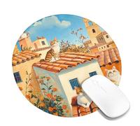 Charming Cat Paradise Mouse Pad, Colorful Rooftop Kitties Stitched Edge Desk Mat, Rubber Non-Slip Washable Gaming Mouse Pad for Home and Office Use Round 8x8 Inch