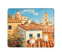 Charming Cat Paradise Mouse Pad, Colorful Rooftop Kitties Stitched Edge Desk Mat, Rubber Non-Slip Washable Gaming Mouse Pad for Home and Office Use Square 8x10 Inch
