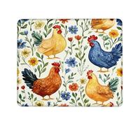 Charming Chicken Floral Square Desk Mouse Pad, Bright Yellow and Blue Rooster Designs, Stitched Edge Mousepad, Non-Slip Washable for Home and Office Use Square 8x10 Inch