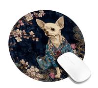 Charming Chihuahua Mouse Pad, Floral Blue Cherries Blossom Design, Stylish Animal Art for Home and Office, Non-Slip Rubber Washable Gaming Desk Mat Round 8x8 Inch
