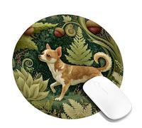 Charming Chihuahua Mouse Pad, Natural Green Ferns and Acorns Design, Eco-Friendly Stitched Edge Mousepad, Rubber Non-Slip Washable Gaming Mouse Pad for Office and Home Use Round 8x8 Inch