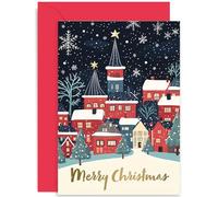 Charming Christmas Card for Family and Friends, Festive Town Artwork Scene, Modern and Contemporary Design for Him or Her, Blank Inside