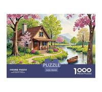 Charming Cottage by River 1000 Pieces Puzzle for Adults Kids - Spring Stream Cherry Blossom View Fun And Challenging Family Game Educational Game Challenge70x50cm/1000pcs