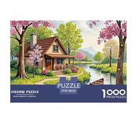 Charming Cottage by River Challenging Puzzles 1000 Pc - Spring Stream Cherry Blossom View for Men And Women Recycled Paper Suitable for Wall Decompression38x26cm/1000pcs