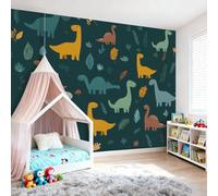 Charming Dinosaurs Wallpaper Bedroom Kids Boys 3D Wallpaper Mural, Dark Cyan Kids Teens Room Poster Photo Wall Mural Minimalist Style Themed Room Playroom Decoration 300 x 210 cm(WxH)
