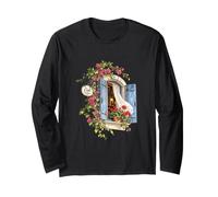 Charming European Café Window with Blue Shutters and Flowers Long Sleeve T-Shirt