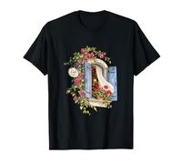 Charming European Café Window with Blue Shutters and Flowers T-Shirt