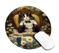 Charming Floral Cat Design Mouse Pad, Fanciful Black White Cat Stitched Edge Mousepad, Rubber Non-Slip Washable Gaming Mouse Pad for Home and Office Computer, Laptop Round 8x8 Inch