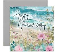 Charming Floral Seaside Themed Anniversary Card - Happy Wedding Anniversary Present for Couple - Beautiful Whimsical Flower Ocean Scene Artwork for Wife Husband Parents | Blank Inside