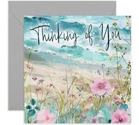 Charming Floral Seaside Themed Thinking of You Card - Sympathy Cards for Men and Women - Beautiful Whimsical Flower Ocean Scene Artwork for Friend Family Member | Blank Inside