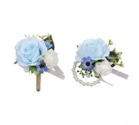 Charming Floral Wrist Flower and Corsage Set, Featuring Blue and White Roses for Stylish Weddings and Celebrations