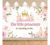 Charming flowers on 1st birthday background Our little Princess is almost a year old theme castle and floral design party banner