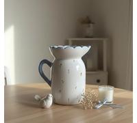 Charming Hand-Painted Ceramic Jug/Vase with Blue Rim and Handle, Featuring Scattered Tulip and Floral Design - Decorative and Functional Kitchen or Homeware Décor-G76