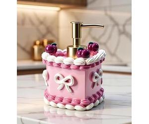 Charming Heart-Shaped Cake Pink Polyresin with Gold-Tone Pump, Decorative Soap or Lotion Dispenser for Kitchen, Bathroom-D74 (Dispenser)