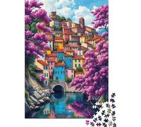 Charming Italian Village with Cherry Blossoms Jigsaw Puzzles Puzzles for Adults Kids. 1000 Pieces Impossible Challenge Toy Educational Game Home Decoration for Educational Games Gifts 52x38cm/1000pcs