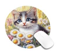 Charming Kitten Floral Rectangle Mouse Pad, Vibrant Colorful Daisies Stitched Edge Mousepad, Rubber Non-Slip Washable Gaming Mouse Pad for Home and Office Computer, Laptop Round 8x8 Inch