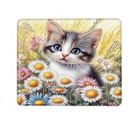 Charming Kitten Floral Rectangle Mouse Pad, Vibrant Colorful Daisies Stitched Edge Mousepad, Rubber Non-Slip Washable Gaming Mouse Pad for Home and Office Computer, Laptop Square 8x10 Inch